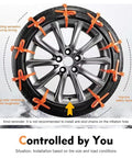 Heavy Duty Car Snow Tire Chains 12 Piece Set Spiral Anti Skid Traction Straps on a tire with orange adjustable zip ties for winter driving.