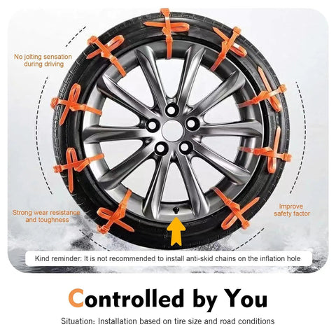 Heavy Duty Car Snow Tire Chains 12 Piece Set Spiral Anti Skid Traction Straps on a tire with orange adjustable zip ties for winter driving.
