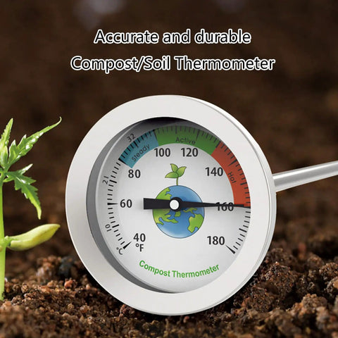 20 Inch Stainless Steel Soil Thermometer With Waterproof Stem For Compost Garden And Lawn Care in use in soil