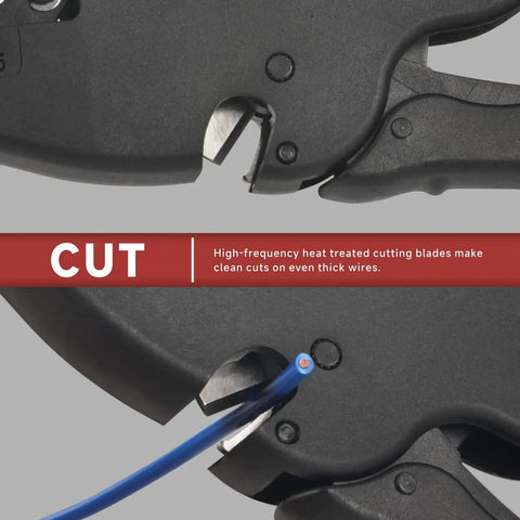 Close-up of Automatic Wire Stripper With Built In Cutter For AWG 32 To 7 0.03-10 Mm2 cutting a blue wire, demonstrating blade precision.