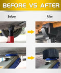 Before and after image showing Universal Rubber Jack Pads with slotted design on jack stand protecting chassis.
