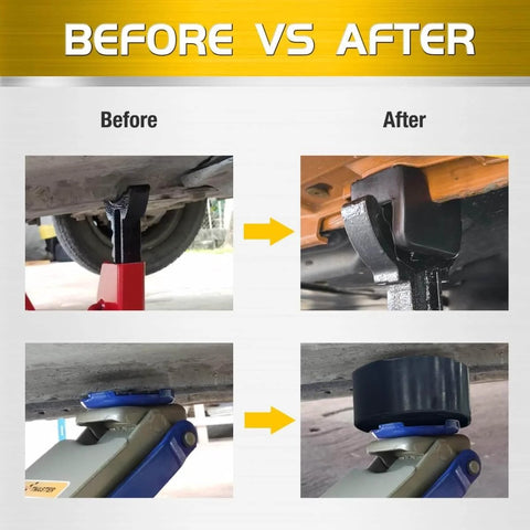 Before and after image showing Universal Rubber Jack Pads with slotted design on jack stand protecting chassis.
