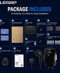 Package contents for 40 Amp Level Two Electric Vehicle Charger: installation manual, charger holder, mounting kit, and screws.