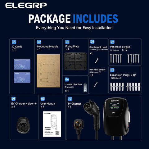 Package contents for 40 Amp Level Two Electric Vehicle Charger: installation manual, charger holder, mounting kit, and screws.