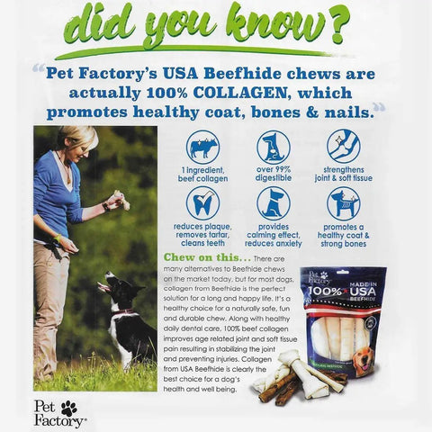 Informational poster about USA-made beefhide chews promoting dental health, with text and product image.