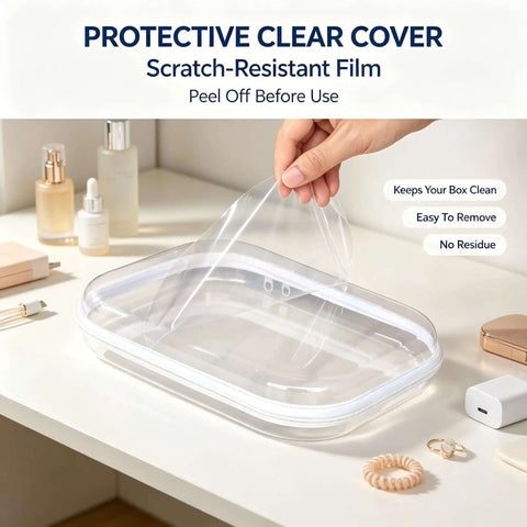 Close-up of a hand peeling protective clear cover from a Three Pack Super Sized Clear Hard Shell Zipper Travel Case for makeup.