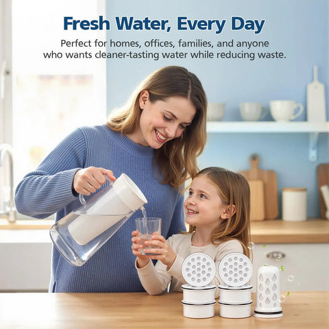 Mother and daughter using 7 Pack Water Filter Replacement for home pitcher and dispenser, includes 1 membrane micro filter and 6 activated carbon filters.