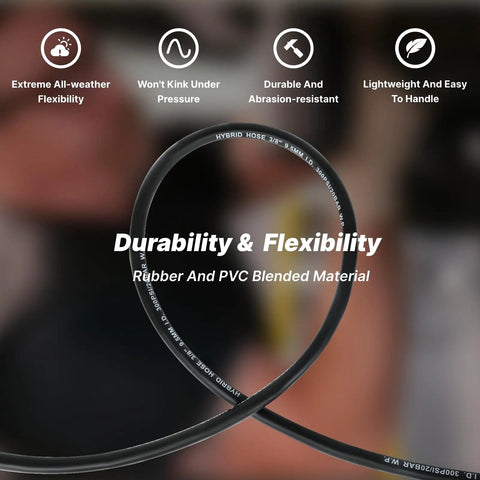 Shop Ready Air Compressor Whip Hose 3/8 X 10 Ft Lead In Hybrid Rubber Pvc logo showing flexibility and durability features.