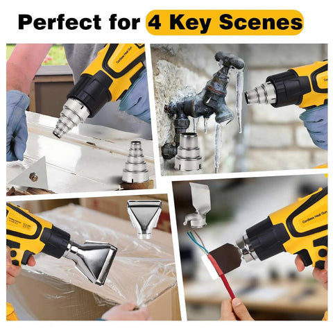Cordless Heat Gun With Adjustable Temp 120F To 1110F LCD Display And LED Light showing use in four scenarios with various nozzles