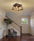 4 Light Industrial Farmhouse Flush Mount Ceiling Light Fixture With Wood Frame And Square Cage in a hallway setting