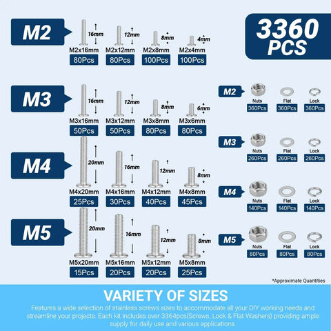 3360Pcs All In One M2 M3 M4 M5 Stainless Steel Ultra Low Flat Head Hex Socket Cap Screws Kit With Hex Nuts, Flat Washers, And Lock Washers sizes chart