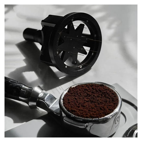 Slick Adjustable Coffee Distribution Tool And Rotatable Espresso Tamper Set For Badass Baristas 51 54 58 Millimeter Compatible with brown coffee grounds.
