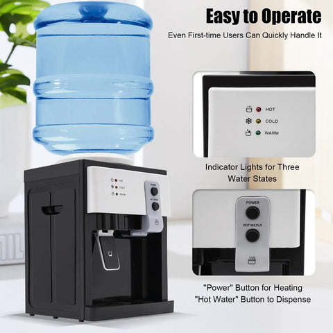 Countertop Water Dispenser For 5 Gallon Bottles With Hot And Cold Water Cup Push Spout 500W Fast Heating No Fuss Compact 27Cm Desktop Water Cooler For Home Office Dorm Room White, shown with indicator lights for water states