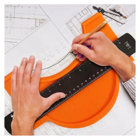 Digital Caliper, Contour Gauge Copy Tool with Lock 6/10 Inch in use for measuring curves on architectural plans.
