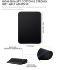 Heavy Duty Iron-On Patches Set 12 Black Fabric Repair Patches 3 By 4.25 Inches showing hot-melt adhesive and cotton material