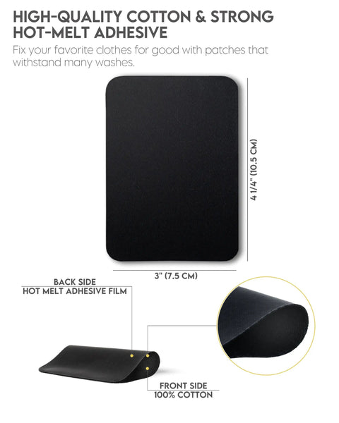 Heavy Duty Iron-On Patches Set 12 Black Fabric Repair Patches 3 By 4.25 Inches showing hot-melt adhesive and cotton material