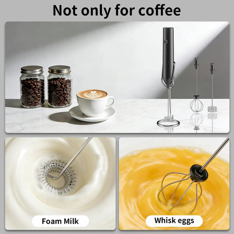 Rechargeable Handheld Milk Frother With Stand For Coffee Lattes Cappuccinos Matcha And More Quiet Fast Foam Wand In 15 To 30 Seconds USB Rechargeable Kitchen Gift Black shown with coffee and attachments.