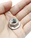 Premium M12 Hex Nut With Serrated Flange in hand, showing size and detail for daily drivers and heavy build projects.