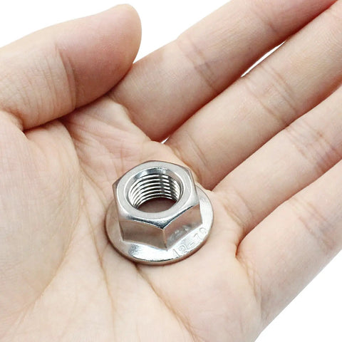 Premium M12 Hex Nut With Serrated Flange in hand, showing size and detail for daily drivers and heavy build projects.