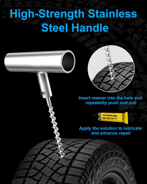 Heavy Duty Tire Repair Kit With Plugs T Handle Probe Insert Tool Glue And Case For Car Truck Motorcycle Atv On The Fly Flat Fixes That Are Dang Sure Working Slick Road Rescue Kit showcasing stainless steel handle for puncture repair.