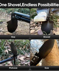 Folding Shovel With Compass Three In One Survival Shovel For Camping And Hiking Portable Car Rescue Tool showing hoe, shovel, pickaxe, and saw functions.