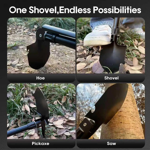 Folding Shovel With Compass Three In One Survival Shovel For Camping And Hiking Portable Car Rescue Tool showing hoe, shovel, pickaxe, and saw functions.