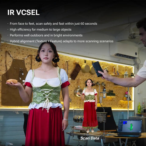 Woman in traditional dress scanned by Rockit Wireless Laser 3D Scanner with 38 blue laser lines in a workshop setting.