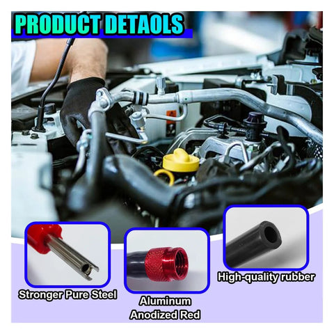 ZIMISI EVAP service port adapter kit components in engine bay: steel tool, red anodized aluminum connector, rubber hose.
