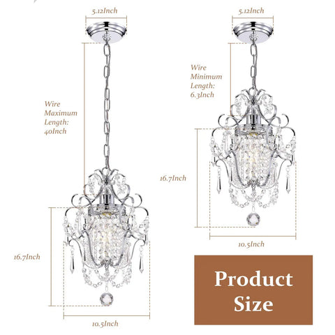 Small Chrome Crystal Chandelier Light Fixture With Iron Frame dimensions shown, 16.7-inch height, adjustable 40-inch chain length.