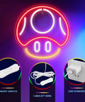 Mushroom Neon Sign For Gaming Room Decor Red LED Wall Light with USB cord and switch, shown glowing on a black background.