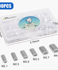 600 Piece Aluminum Fishing Crimp Sleeves Kit With 1mm To 2mm Sizes, box dimensions, variety of sleeve sizes displayed.