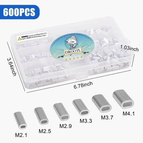 600 Piece Aluminum Fishing Crimp Sleeves Kit With 1mm To 2mm Sizes, box dimensions, variety of sleeve sizes displayed.