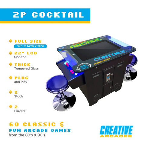 Full Size Commercial Grade Cocktail Arcade Machine For Home Or Bar Use Rec Room Ready 2 Player Setup 60 Classic Games 22 Inch LCD