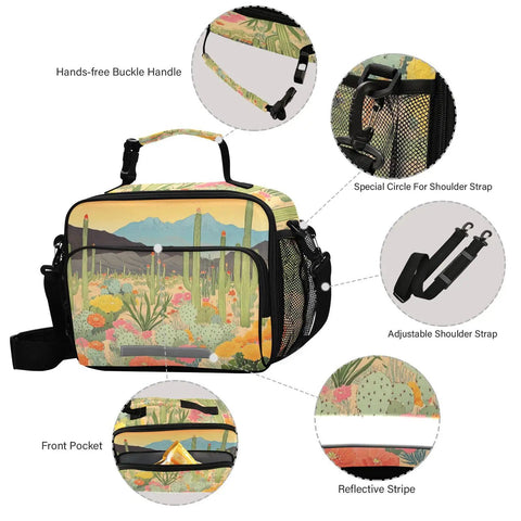 Desert Bloom Insulated Lunch Bag with buckle handle, shoulder strap, cactus design, front pocket, for camping and travel.