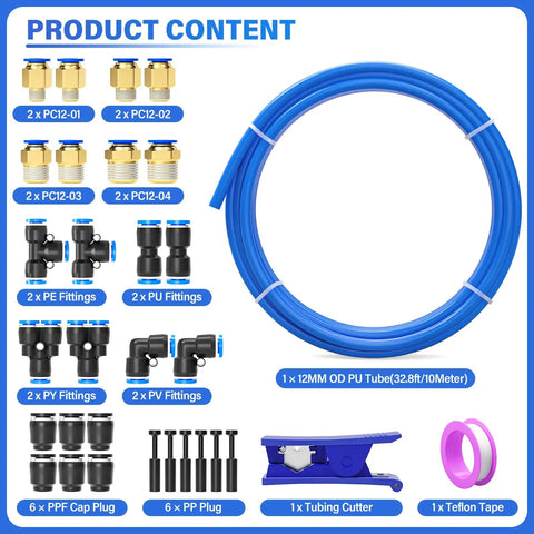 Blue 12mm PU Air Tubing Kit 10 Meter Length 32.8ft With Push To Connect Fittings 31-Piece Polyurethane Tubing System