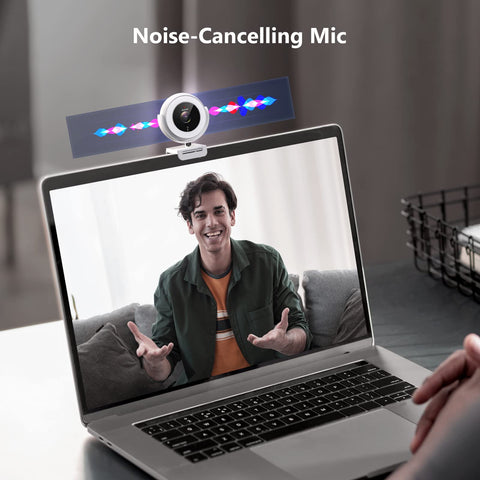 NexiGo N970P 4K Webcam With Onboard Storage, AI Auto Framing, shown on laptop with noise-cancelling features in use
