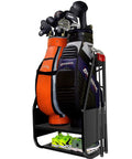 Wall Mount Golf Bag Organizer for Garage fits two bags with secure straps, extra large rack with open shelf, ball hook, four club hooks