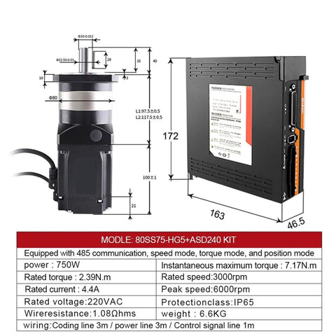 Ready To Roll 750W AC Servo Motor Paired With ASD275 Drive And Planetary Reducer Gearbox, showcasing dimensions and specs for automation.
