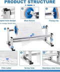 Manual Stretch Film Dispenser With Sliding Cutter showcasing parts like film cutter, blue fixture, and stainless steel bracket.