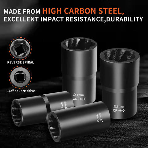 Six Piece Twist Socket Set For Stripped Lug Nuts And Damaged Bolts, Wheel Lock Remover Kit with 17mm, 19mm, 21mm, 22mm sockets