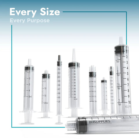 Various sizes of syringes including 20 Ml Luer Lock Syringes No Needle Sterile Individually Wrapped 50 Pack