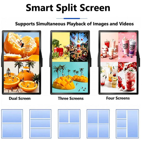 Smart Split Screen displaying dual, three, and four screen setups for digital advertising with vibrant images and videos.