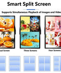 Smart Split Screen featuring Dual, Three, and Four Screens showing vibrant images for simultaneous display.