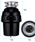 Three Quarters HP Anti Jam Garbage Disposal front and top view with dimensions, stainless steel grinding system.