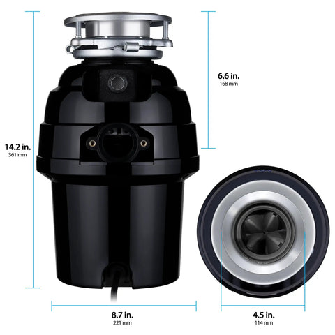 Three Quarters HP Anti Jam Garbage Disposal front and top view with dimensions, stainless steel grinding system.