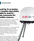 In Motion RV Satellite Antenna With Auto Multi Satellite Tracking For Road Trips Roof Mount Dome High Performance Mobile TV Antenna White For Camping And RV Enthusiasts Seeking Seamless On The Go Entertainment, close-up on stand.