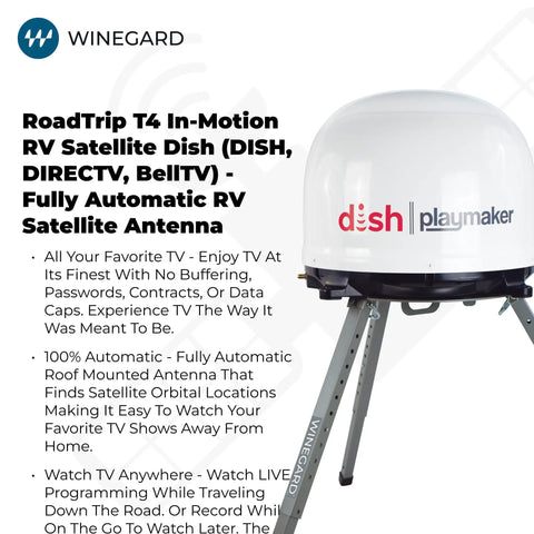 In Motion RV Satellite Antenna With Auto Multi Satellite Tracking For Road Trips Roof Mount Dome High Performance Mobile TV Antenna White For Camping And RV Enthusiasts Seeking Seamless On The Go Entertainment, close-up on stand.