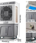 Heavy Duty Evaporative Air Cooler 8600 CFM Portable Swamp Cooler 80L Water Tank showing dimensions and features like wheels and water inlet.