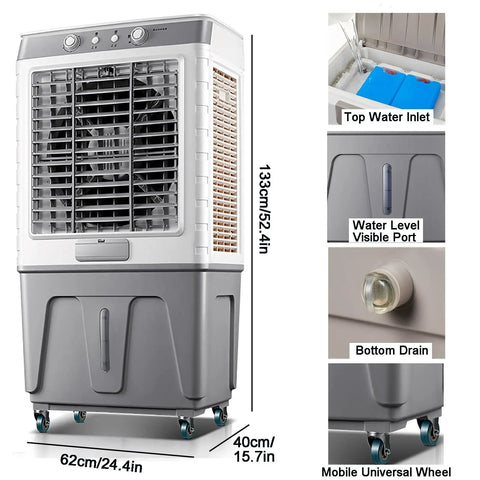 Heavy Duty Evaporative Air Cooler 8600 CFM Portable Swamp Cooler 80L Water Tank showing dimensions and features like wheels and water inlet.
