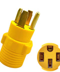 NEMA 14-30P To 14-50R EV Charger Adapter For Home Use, yellow 30 Amp to 50 Amp Level 2 charging adapter on white background